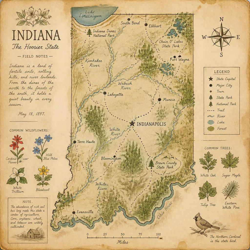 Hand-drawn watercolour map of Indiana with nature destinations marked